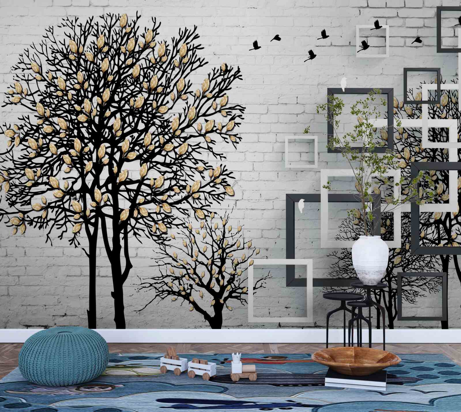 Fotobehang vogels vliegen weg van een boom die zijn bladeren heeft verloren