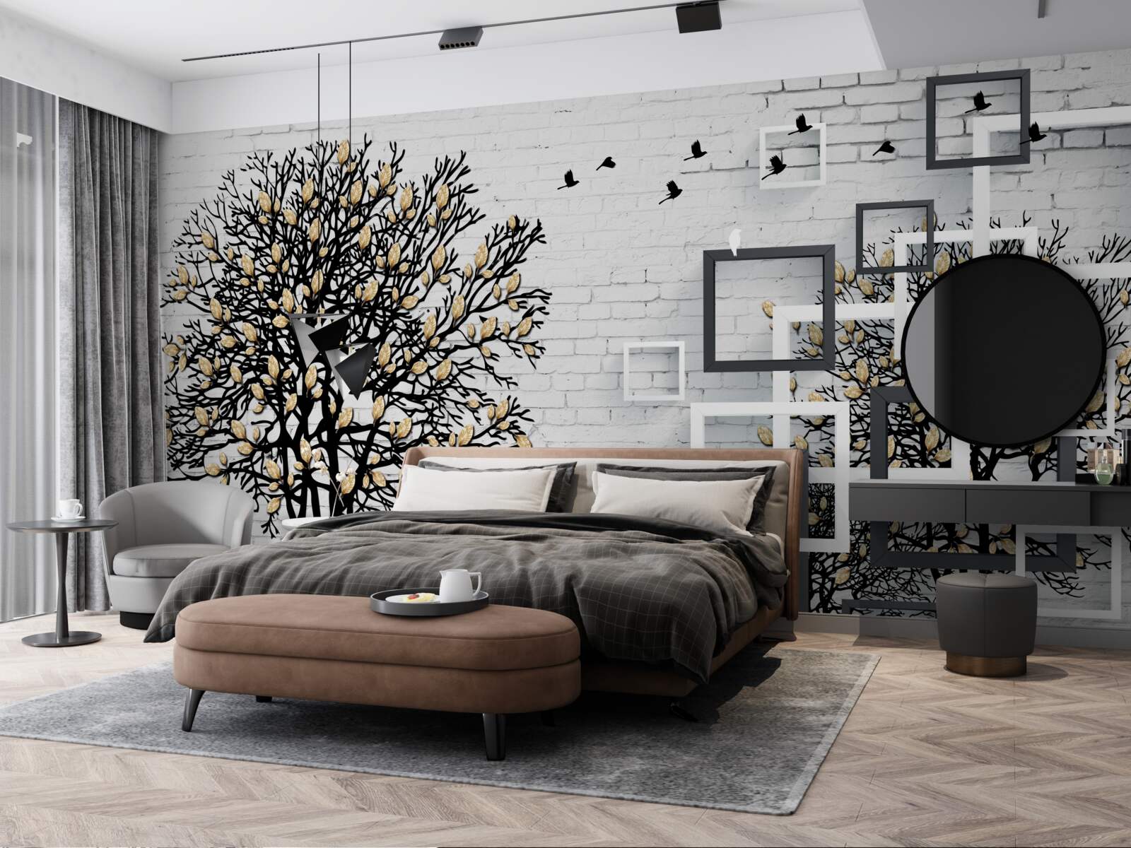 Fotobehang vogels vliegen weg van een boom die zijn bladeren heeft verloren