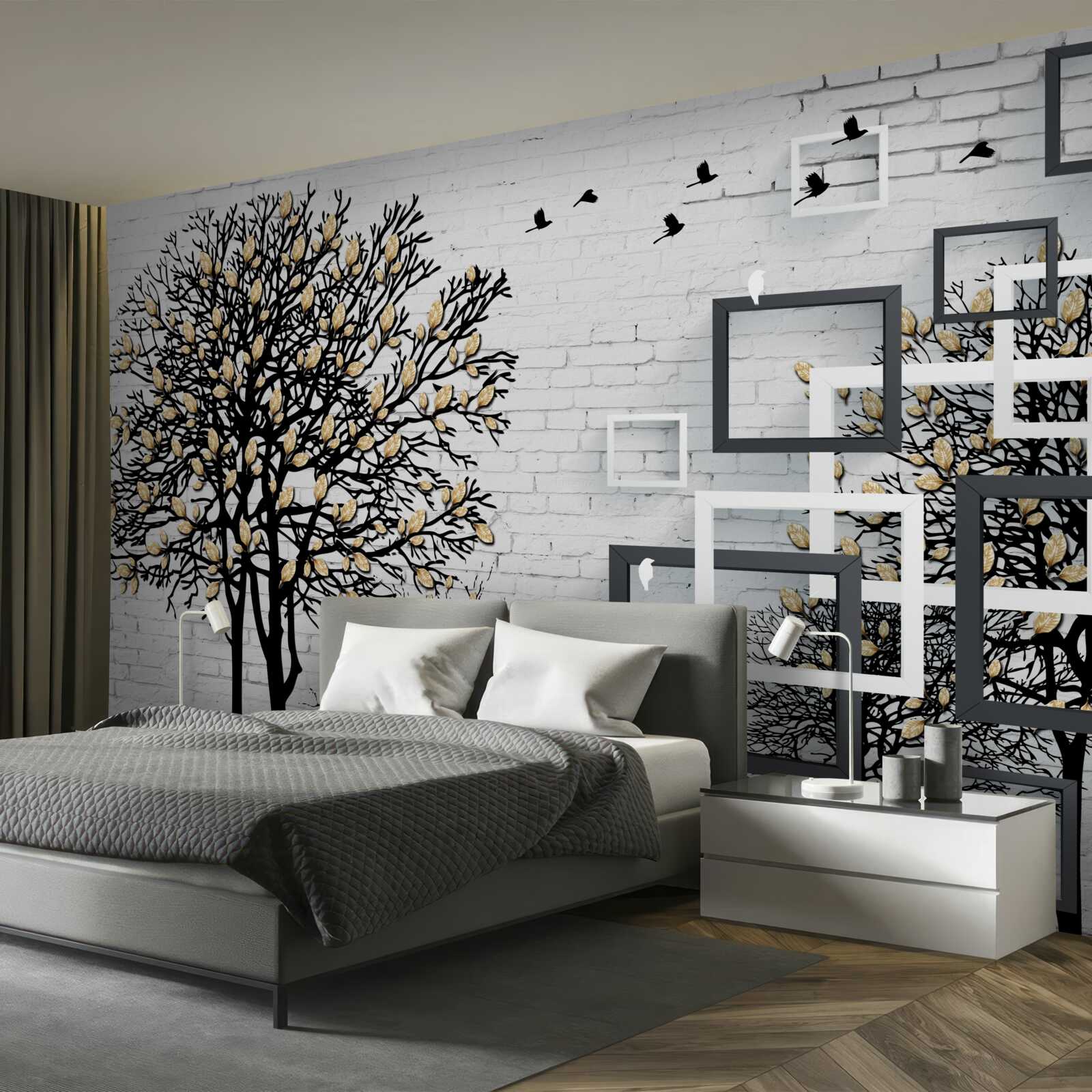 Fotobehang vogels vliegen weg van een boom die zijn bladeren heeft verloren