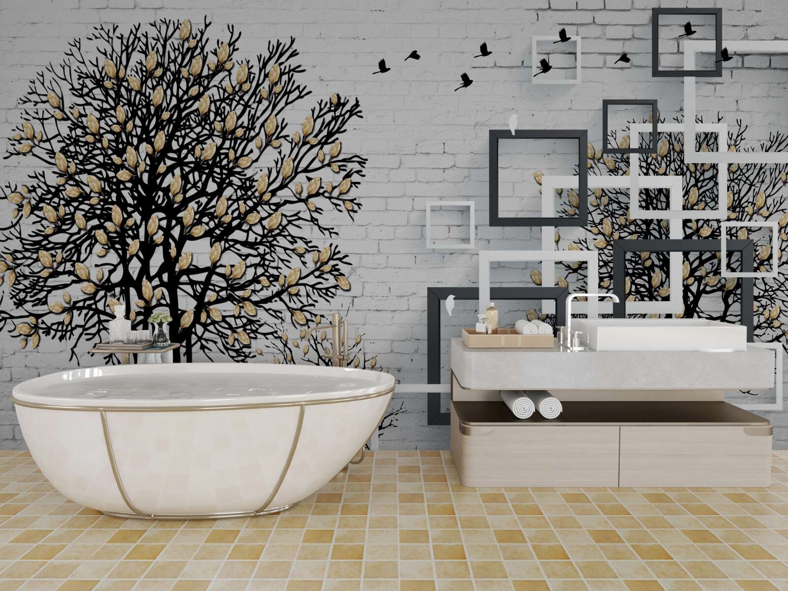 Fotobehang vogels vliegen weg van een boom die zijn bladeren heeft verloren