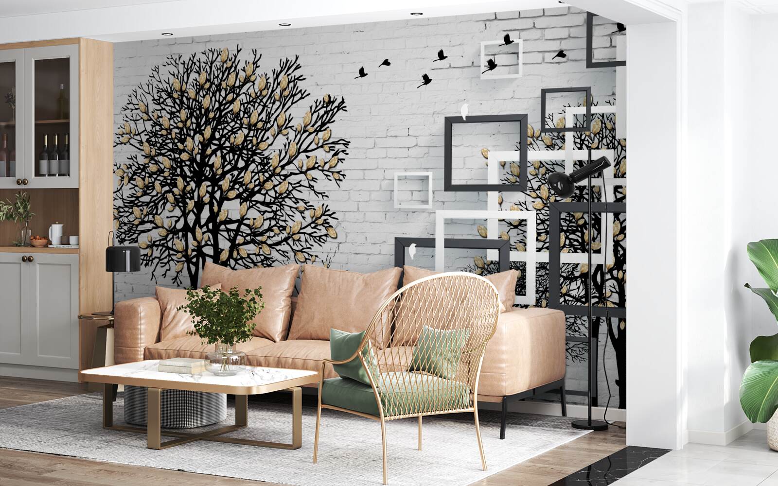 Fotobehang vogels vliegen weg van een boom die zijn bladeren heeft verloren