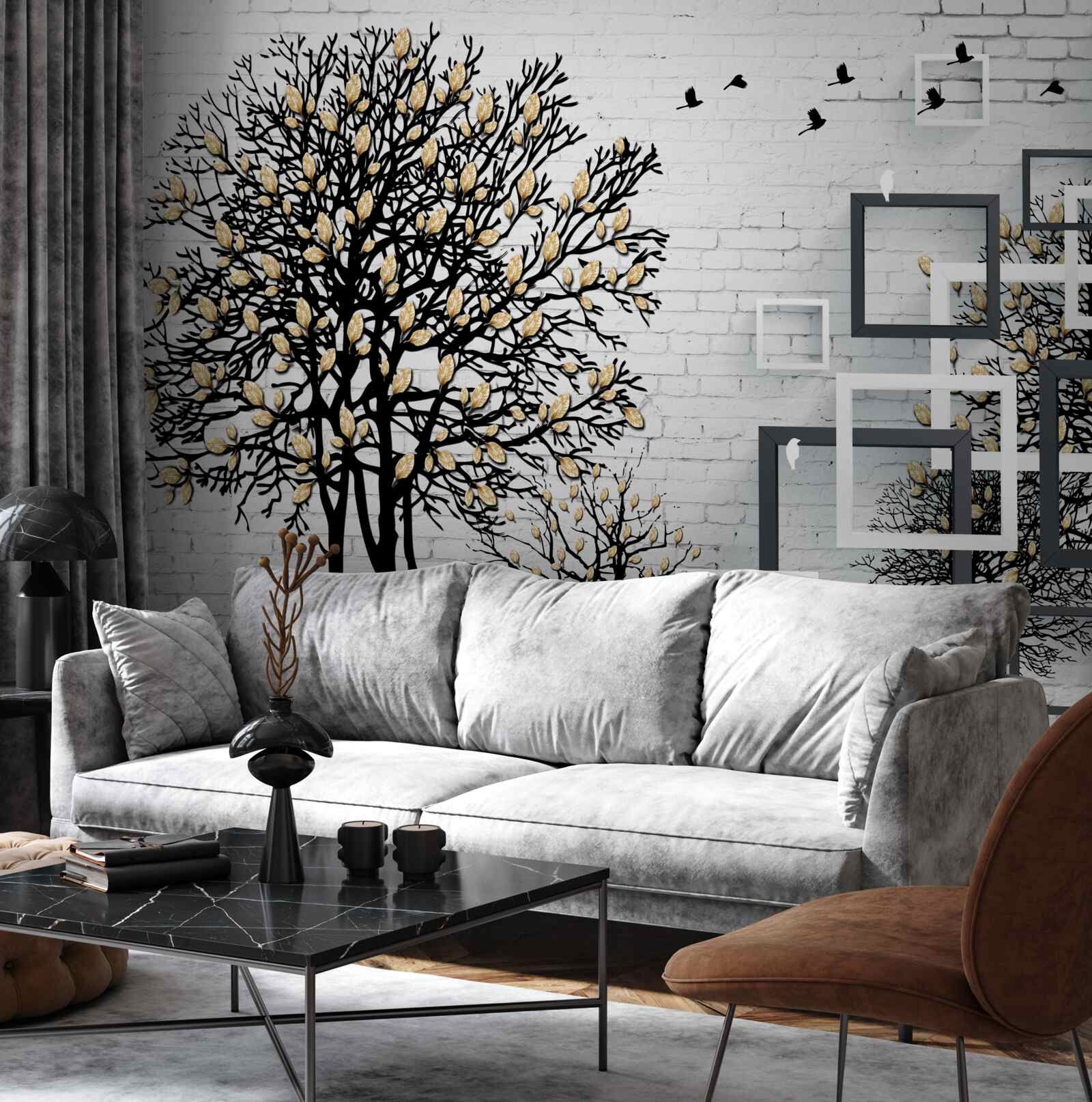 Fotobehang vogels vliegen weg van een boom die zijn bladeren heeft verloren