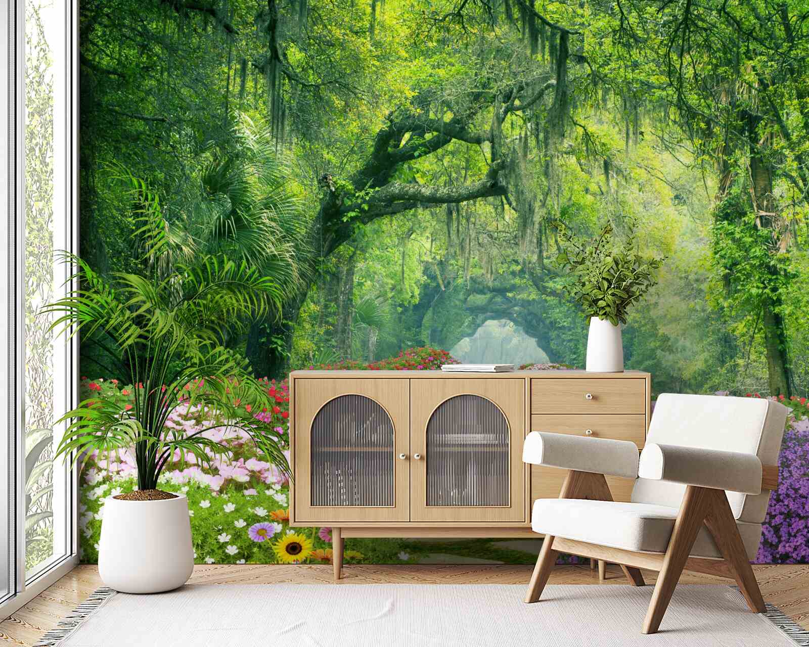 Fotobehang Een pad omringd door bloemen dat naar een groen bos leidt