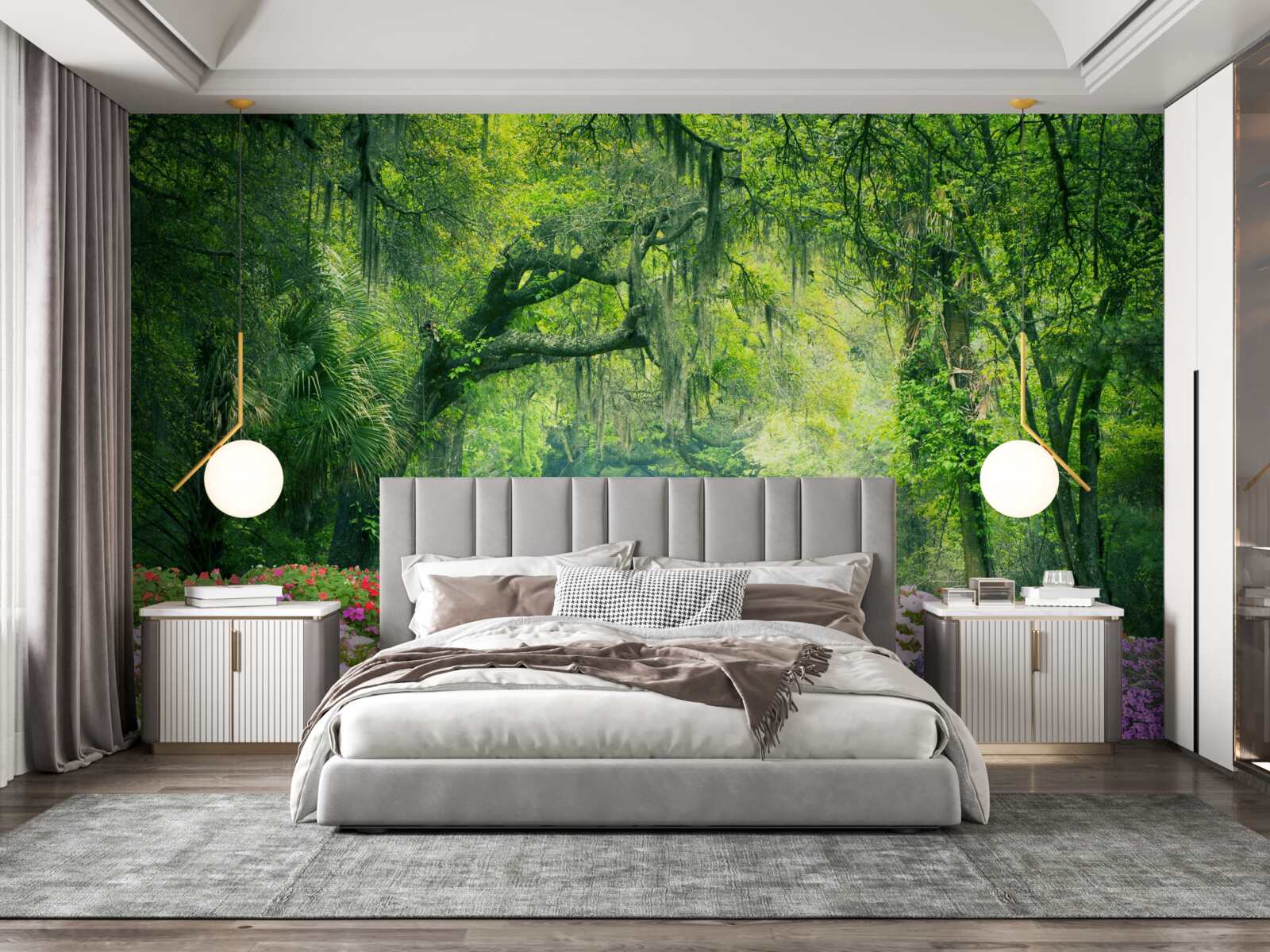 Fotobehang Een pad omringd door bloemen dat naar een groen bos leidt