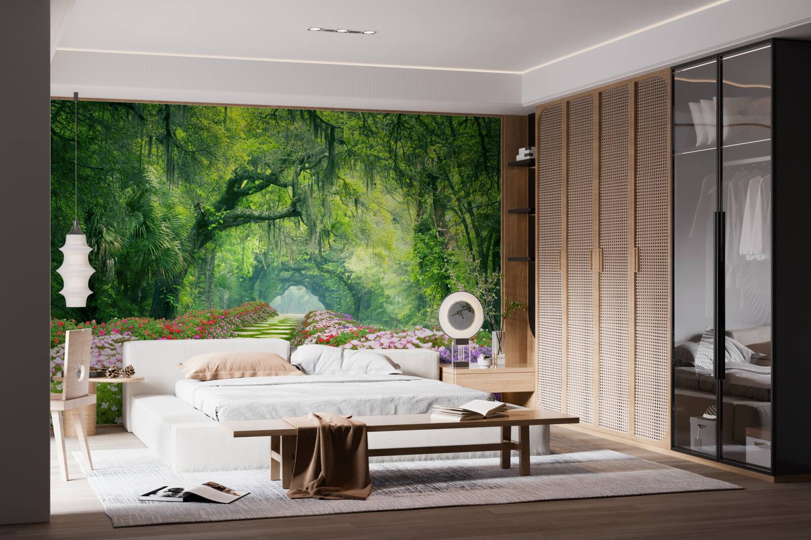 Fotobehang Een pad omringd door bloemen dat naar een groen bos leidt