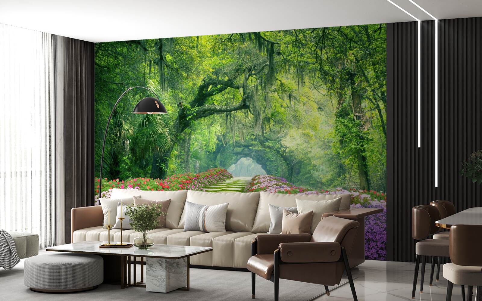 Fotobehang Een pad omringd door bloemen dat naar een groen bos leidt