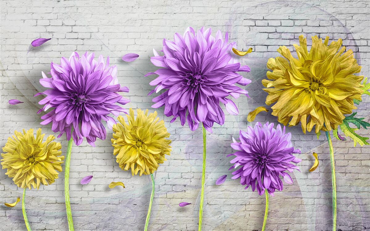 Fotobehang bloemen in violet- en geeltinten bloeien op een bakstenen muur