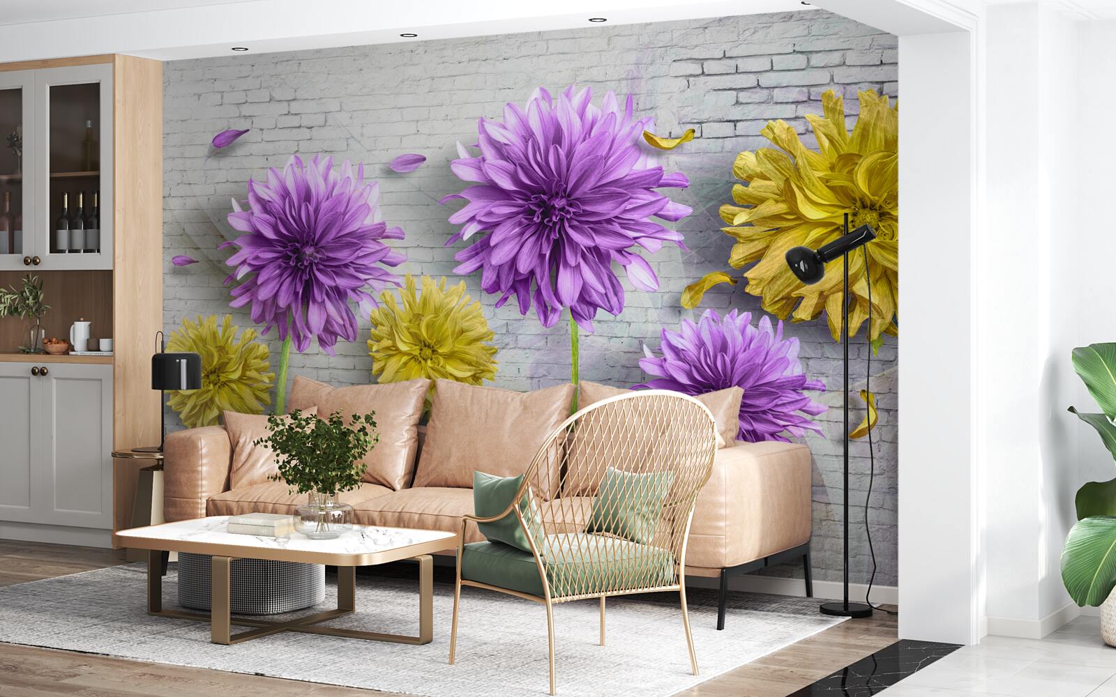 Fotobehang bloemen in violet- en geeltinten bloeien op een bakstenen muur