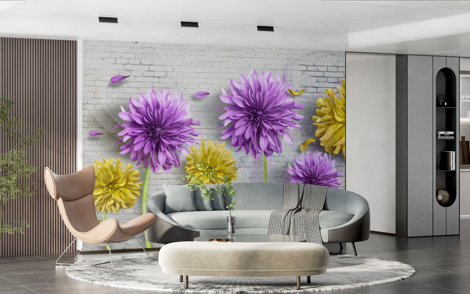 Fotobehang bloemen in violet- en geeltinten bloeien op een bakstenen muur