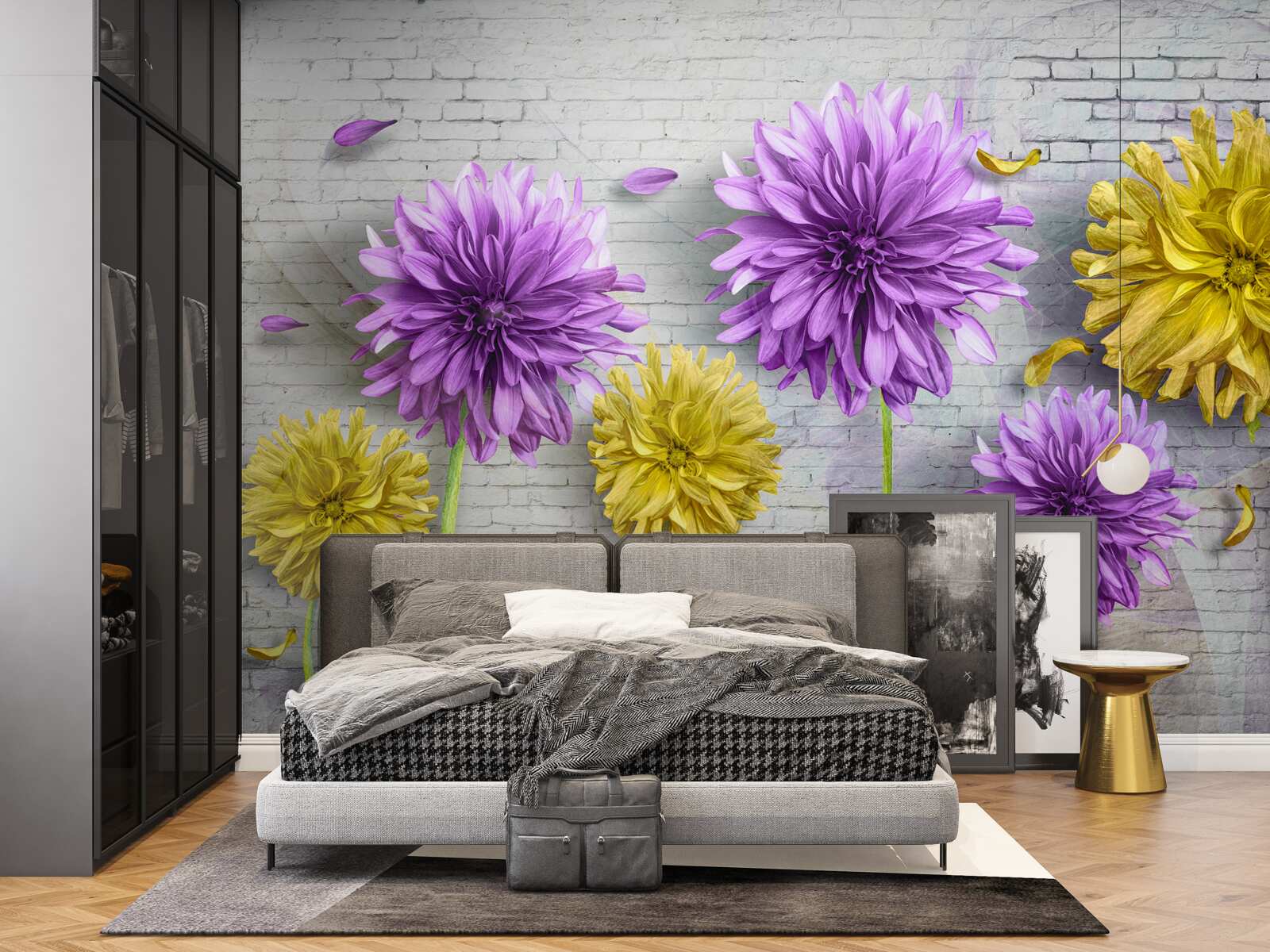 Fotobehang bloemen in violet- en geeltinten bloeien op een bakstenen muur