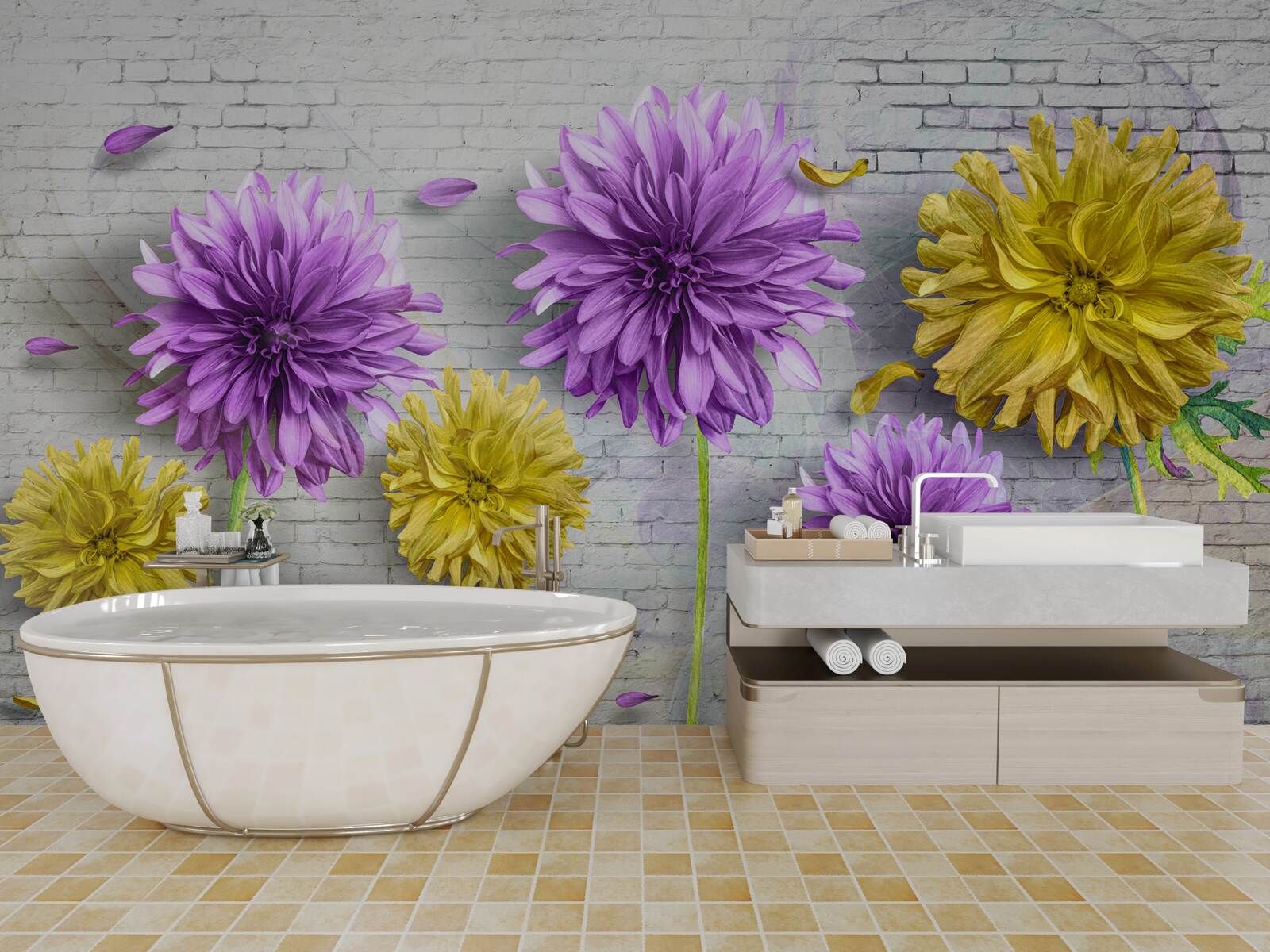 Fotobehang bloemen in violet- en geeltinten bloeien op een bakstenen muur