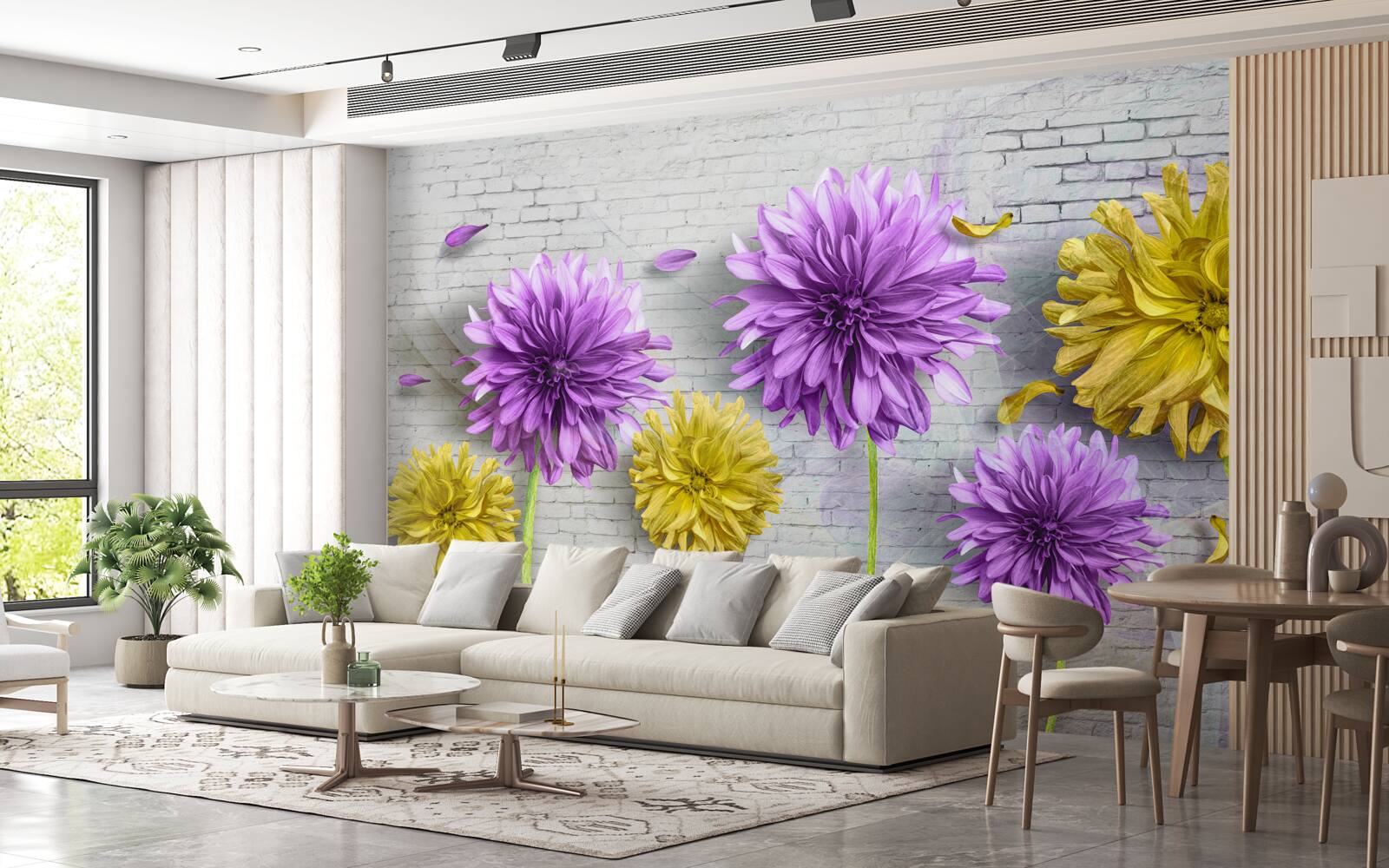 Fotobehang bloemen in violet- en geeltinten bloeien op een bakstenen muur