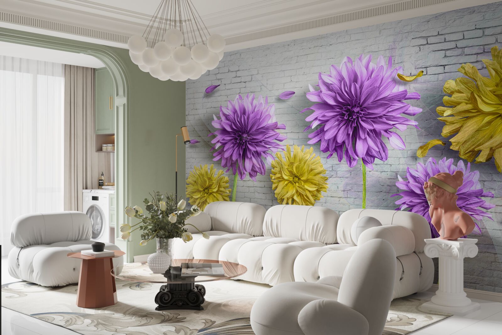 Fotobehang bloemen in violet- en geeltinten bloeien op een bakstenen muur