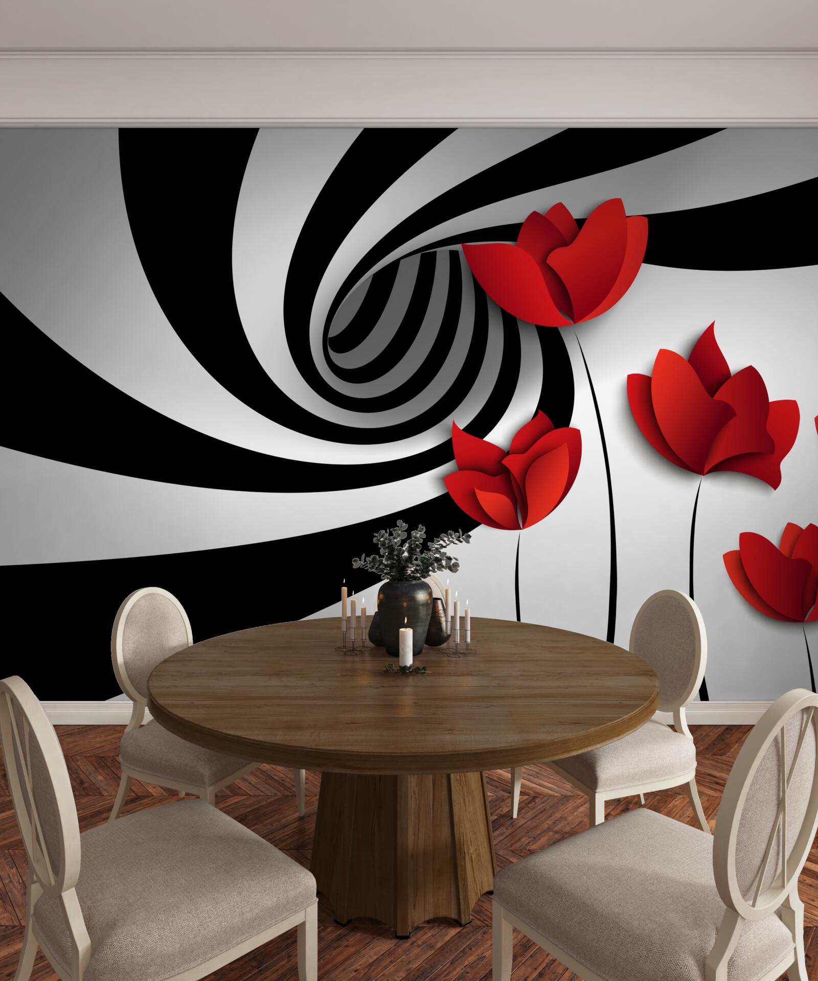 Fotobehang een tunnel in zwart-wit en een open plek met scharlakenrode klaprozen