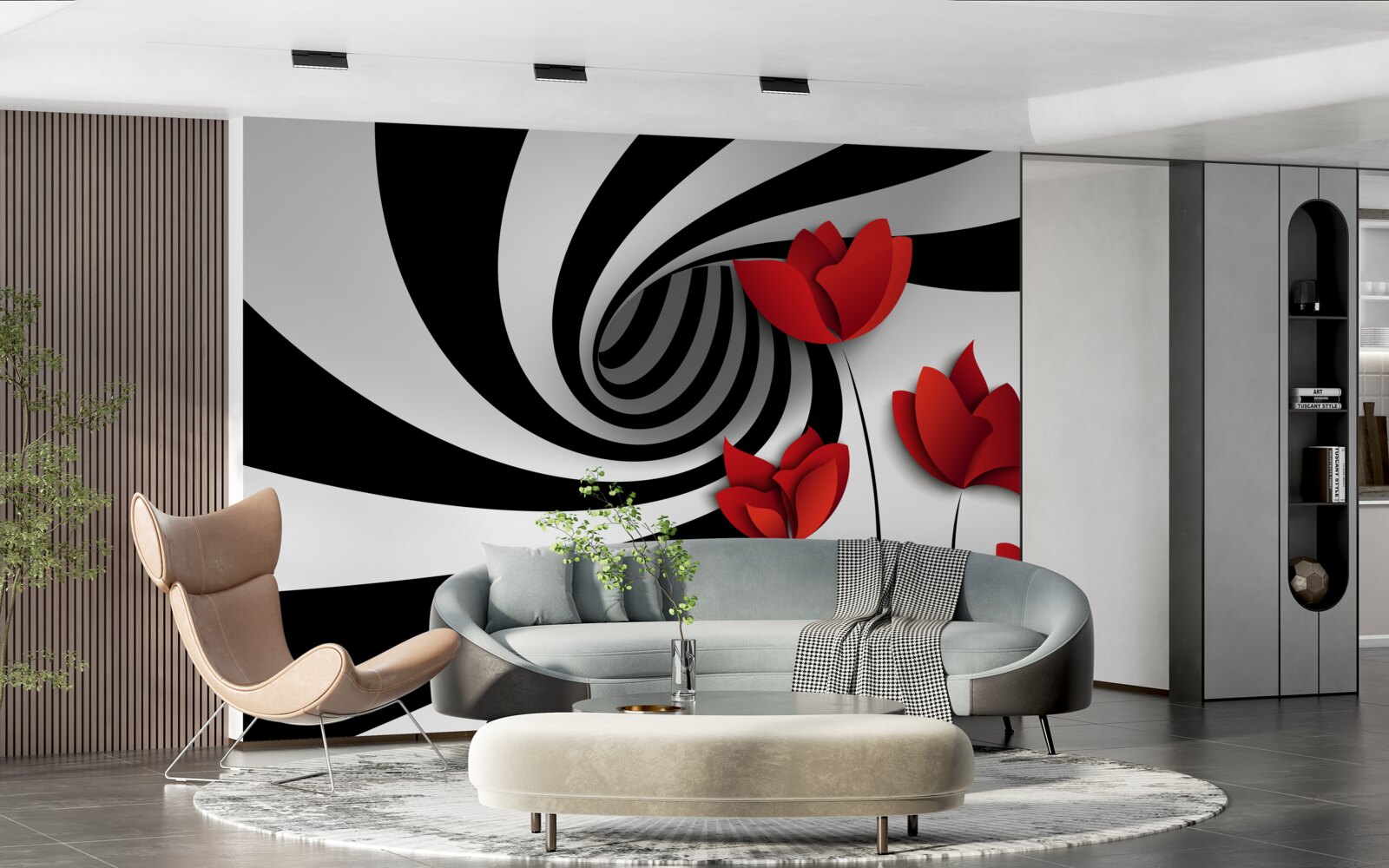 Fotobehang een tunnel in zwart-wit en een open plek met scharlakenrode klaprozen