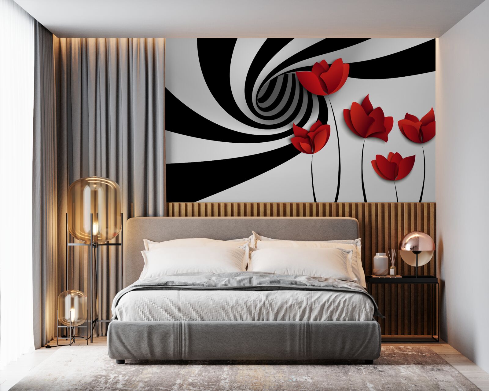 Fotobehang een tunnel in zwart-wit en een open plek met scharlakenrode klaprozen