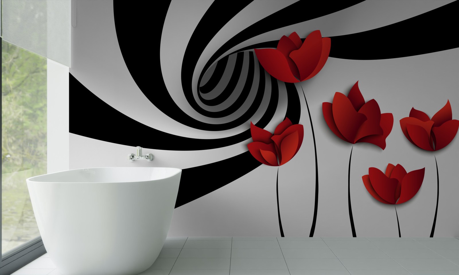 Fotobehang een tunnel in zwart-wit en een open plek met scharlakenrode klaprozen