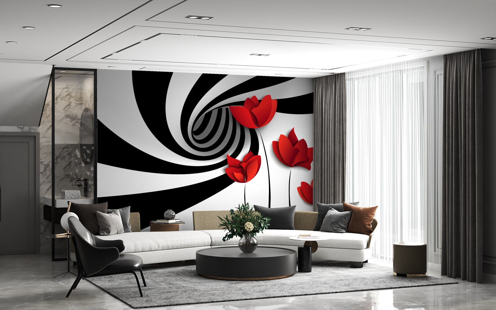 Fotobehang een tunnel in zwart-wit en een open plek met scharlakenrode klaprozen