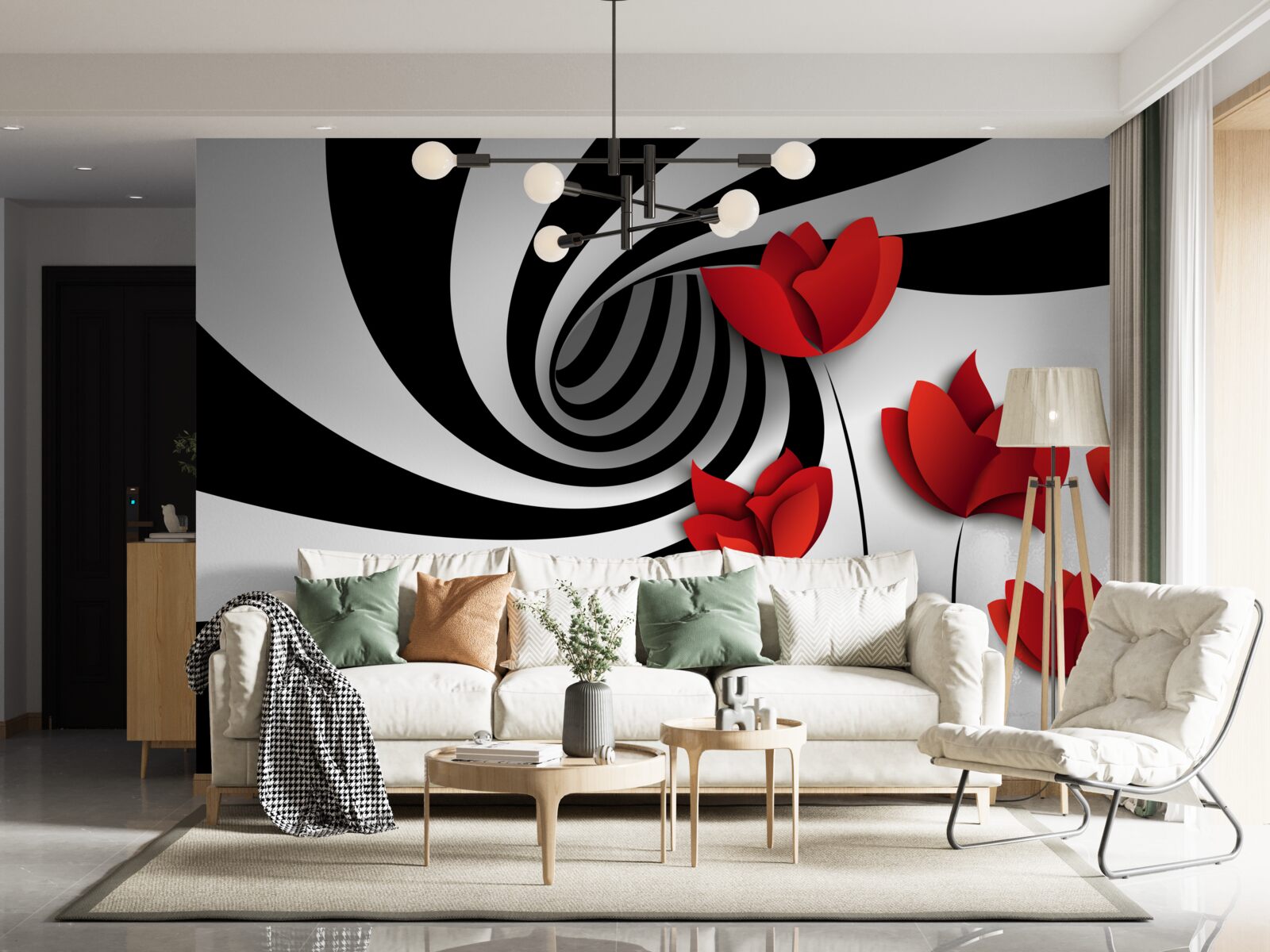 Fotobehang een tunnel in zwart-wit en een open plek met scharlakenrode klaprozen