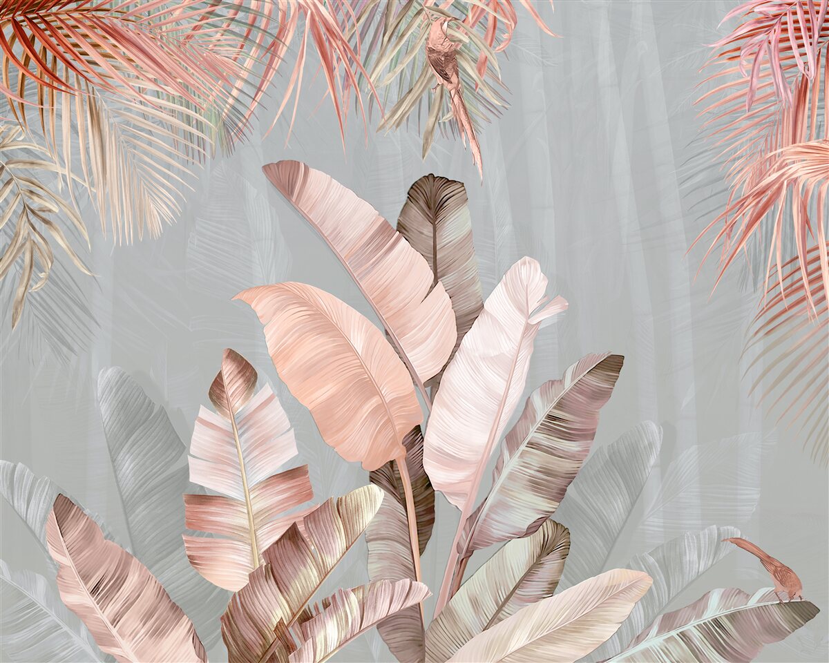 Fotobehang tropische bladeren met een delicate roze tint