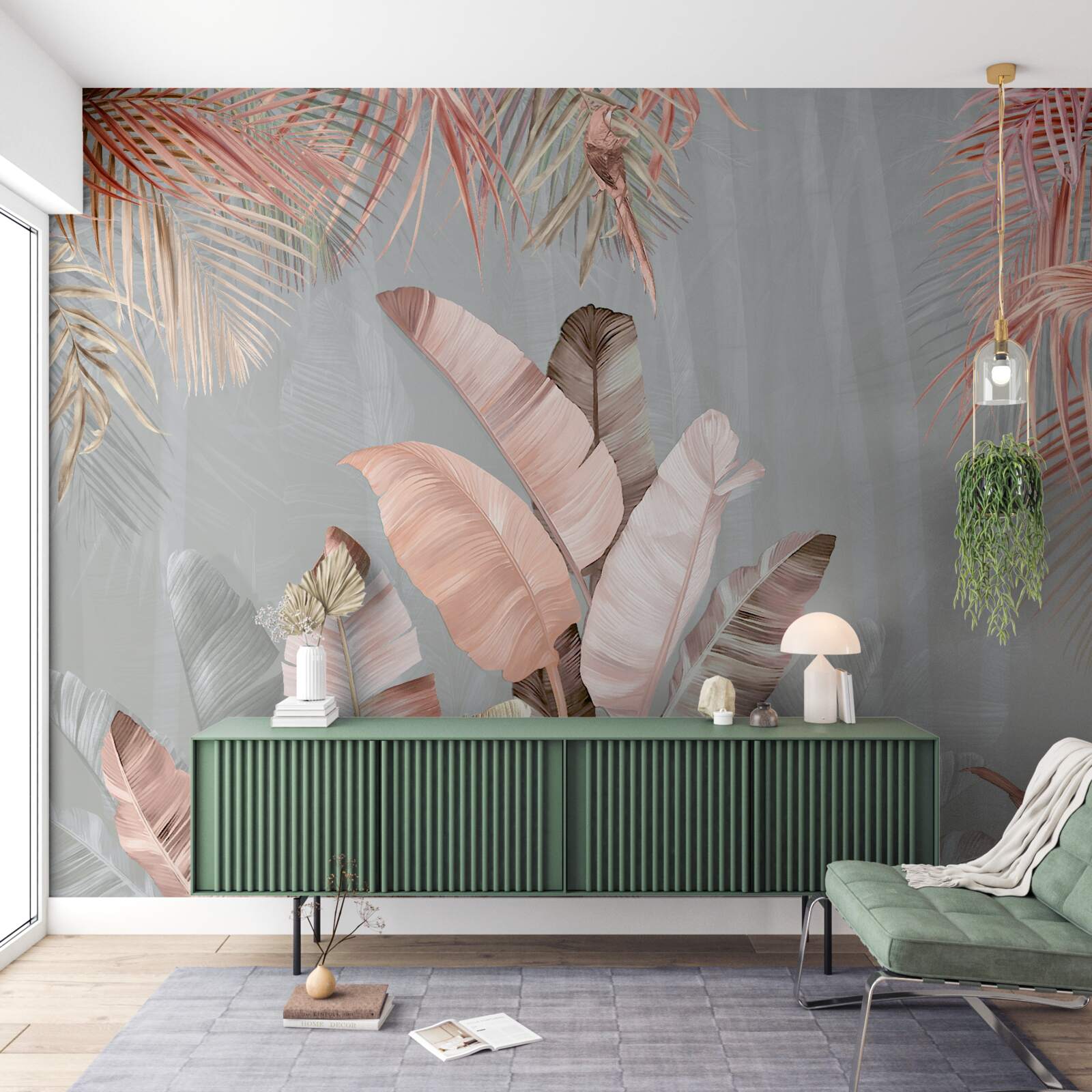 Fotobehang tropische bladeren met een delicate roze tint