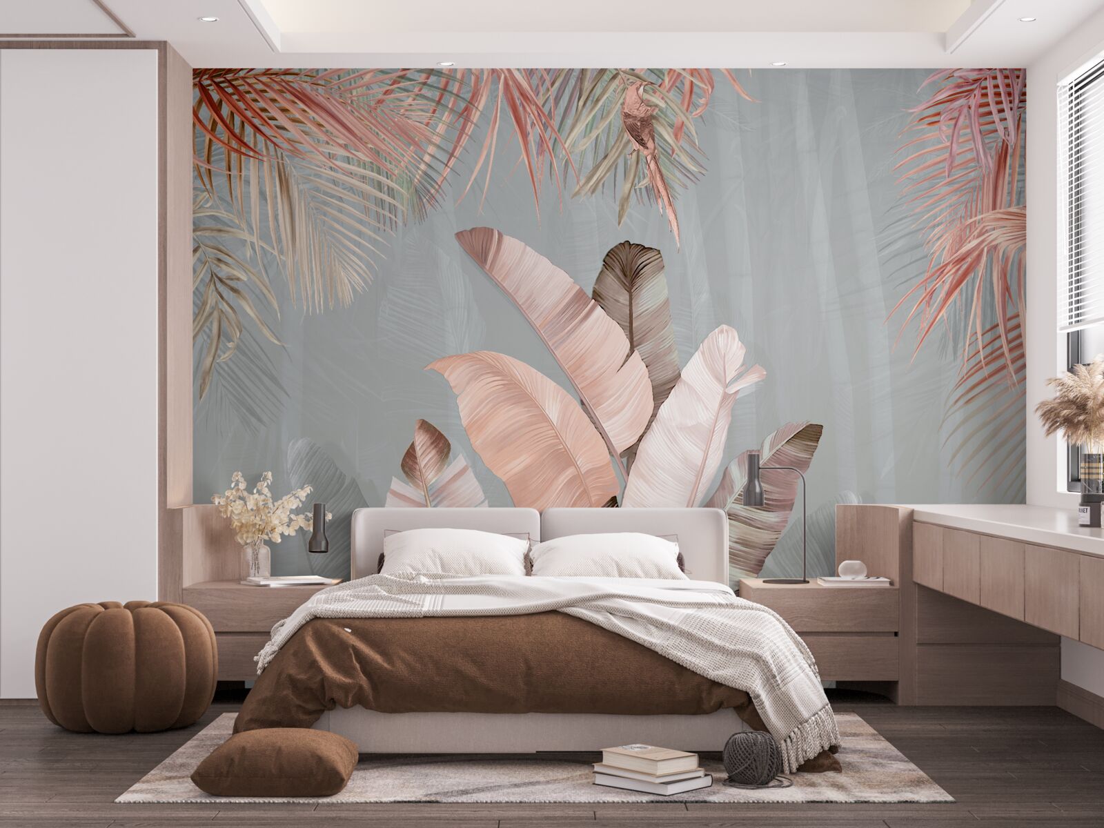 Fotobehang tropische bladeren met een delicate roze tint