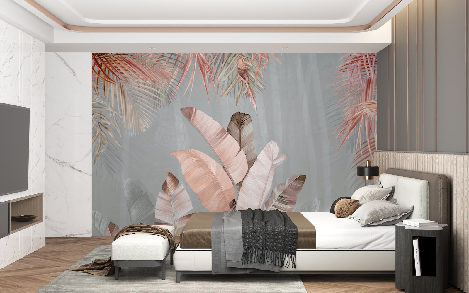 Fotobehang tropische bladeren met een delicate roze tint