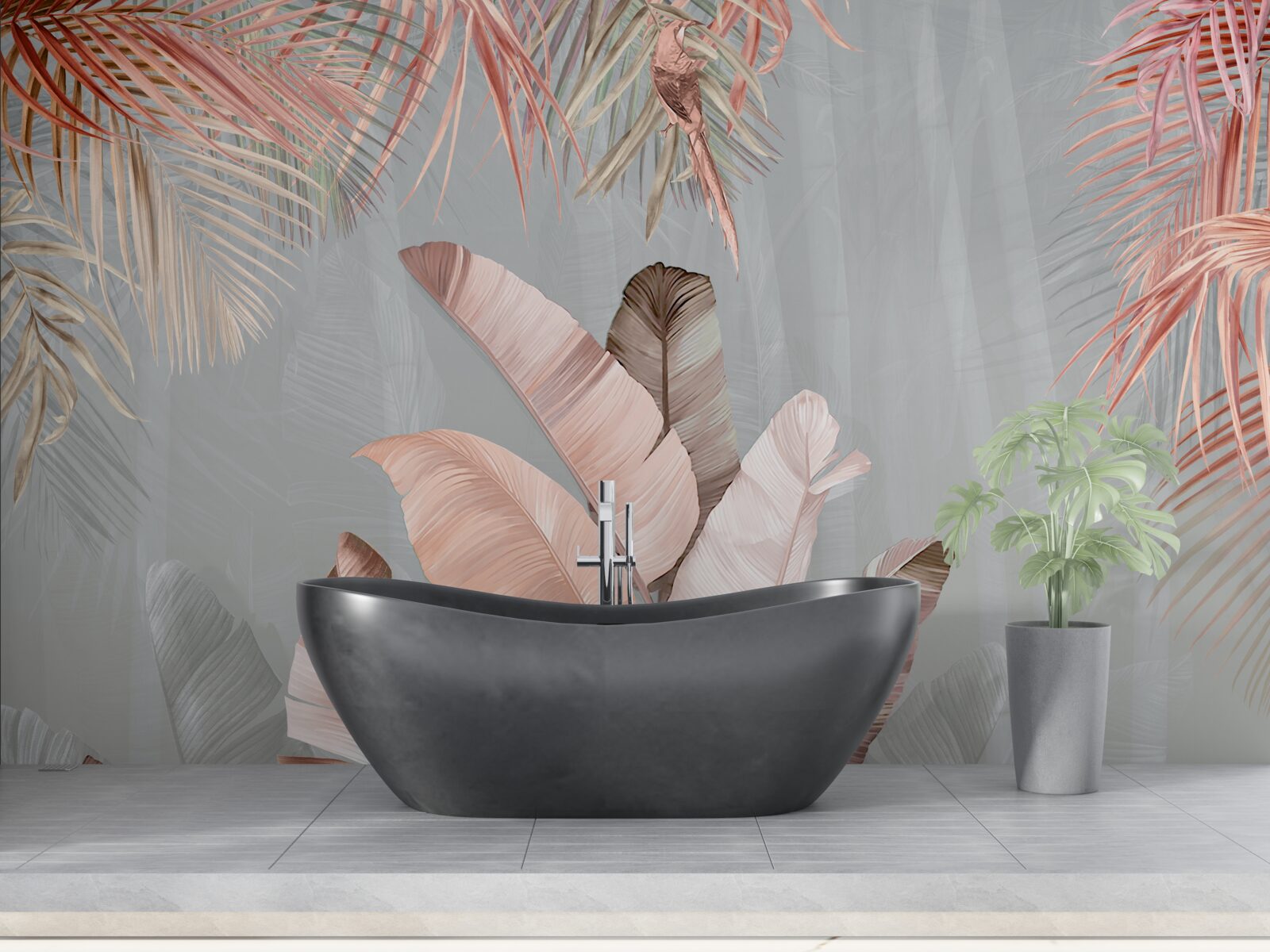 Fotobehang tropische bladeren met een delicate roze tint