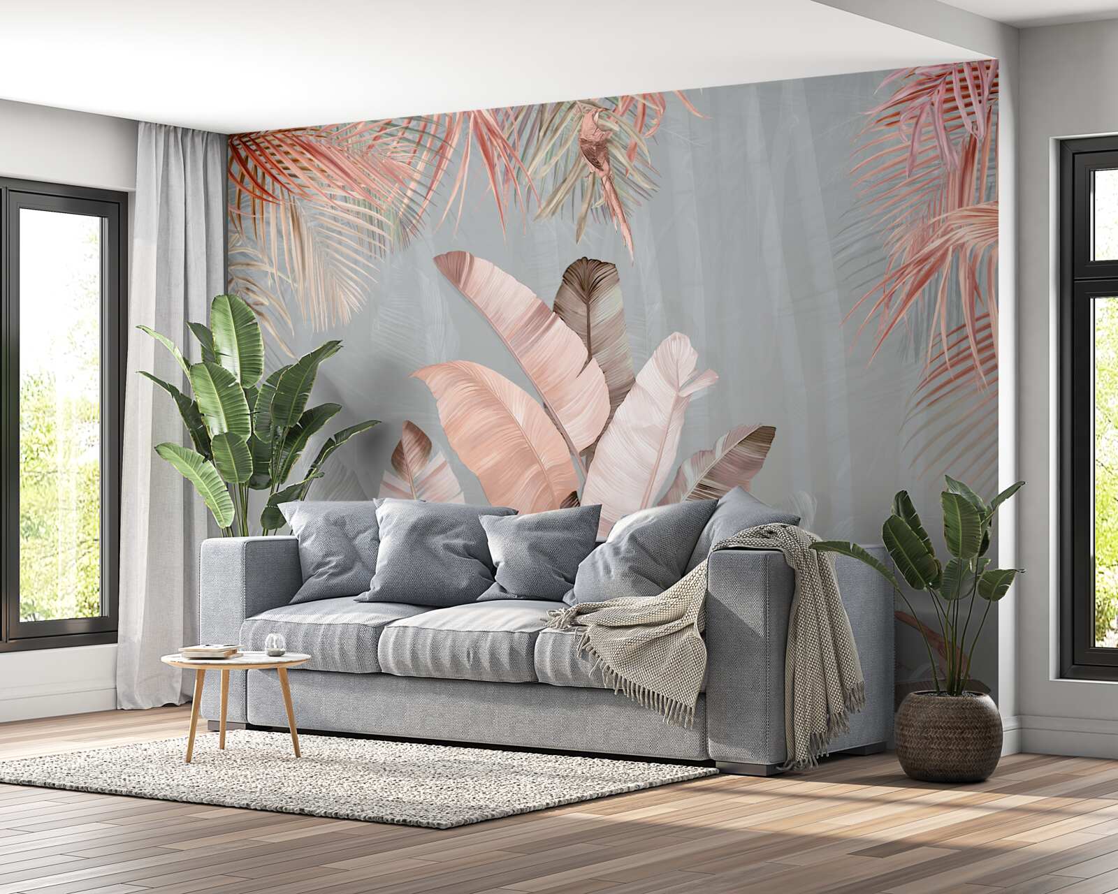 Fotobehang tropische bladeren met een delicate roze tint