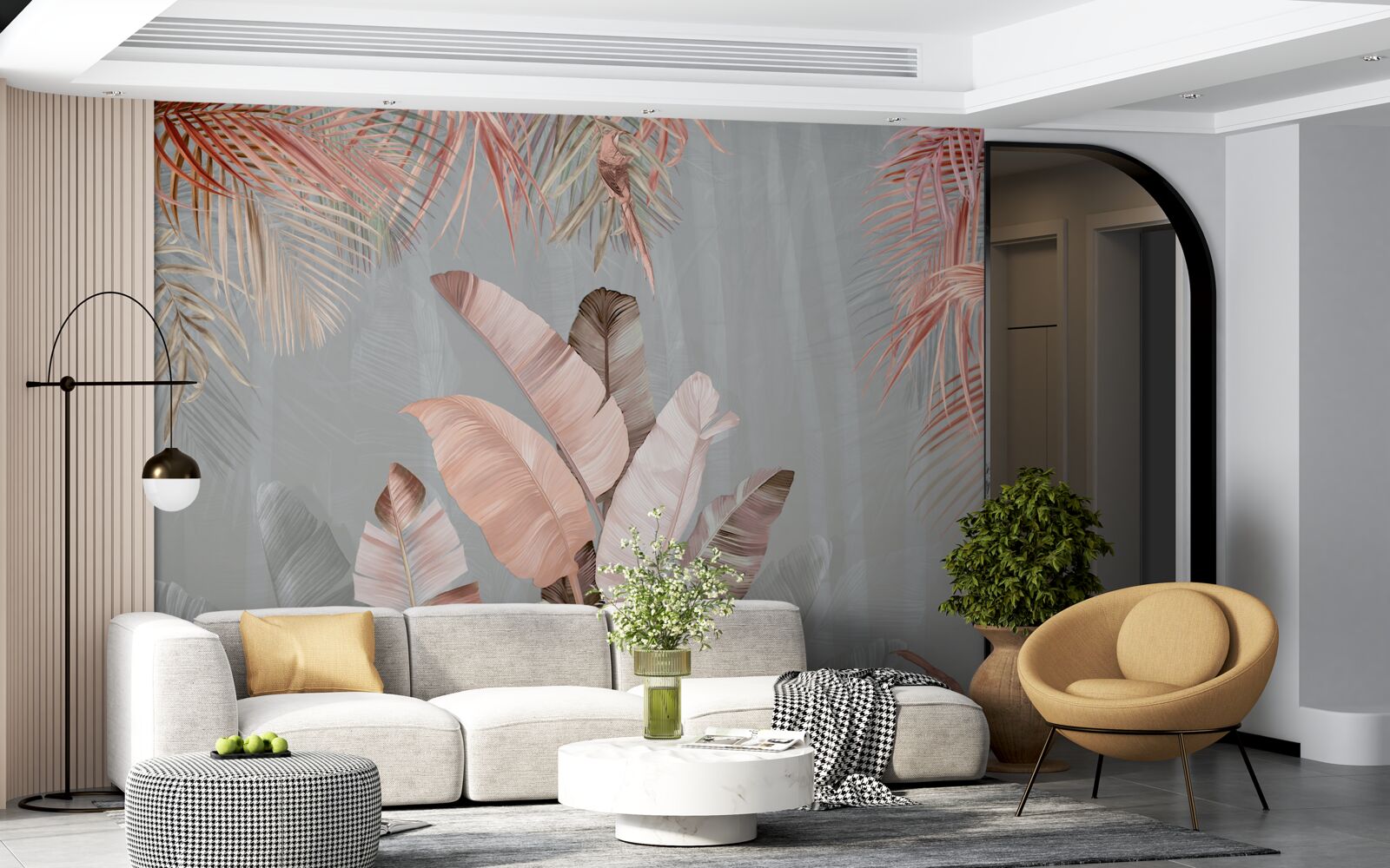 Fotobehang tropische bladeren met een delicate roze tint