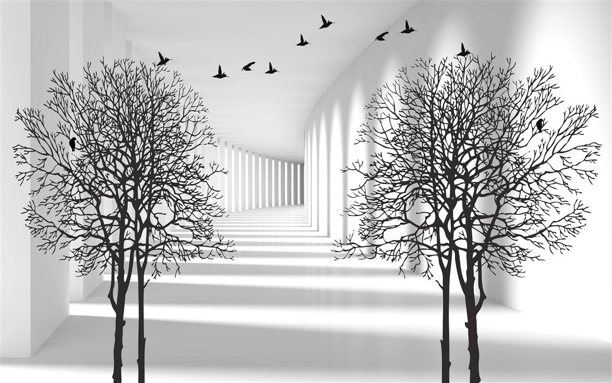 Fotobehang vogels die naar het zuiden vliegen en kale bomen in de herfst