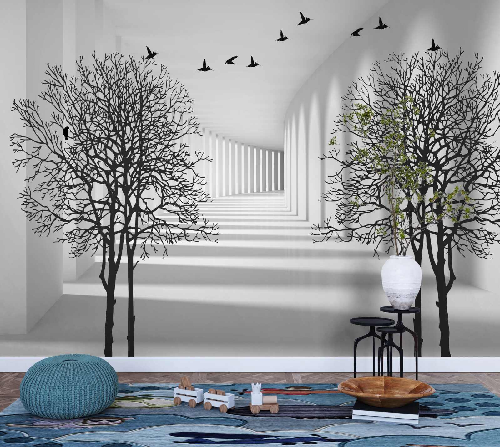 Fotobehang vogels die naar het zuiden vliegen en kale bomen in de herfst