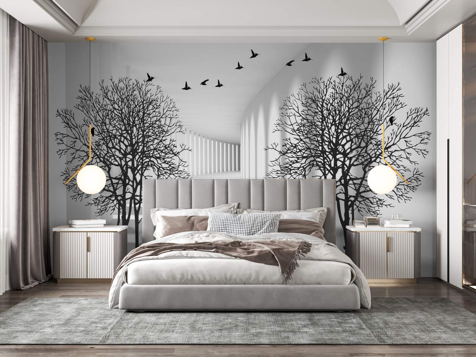 Fotobehang vogels die naar het zuiden vliegen en kale bomen in de herfst