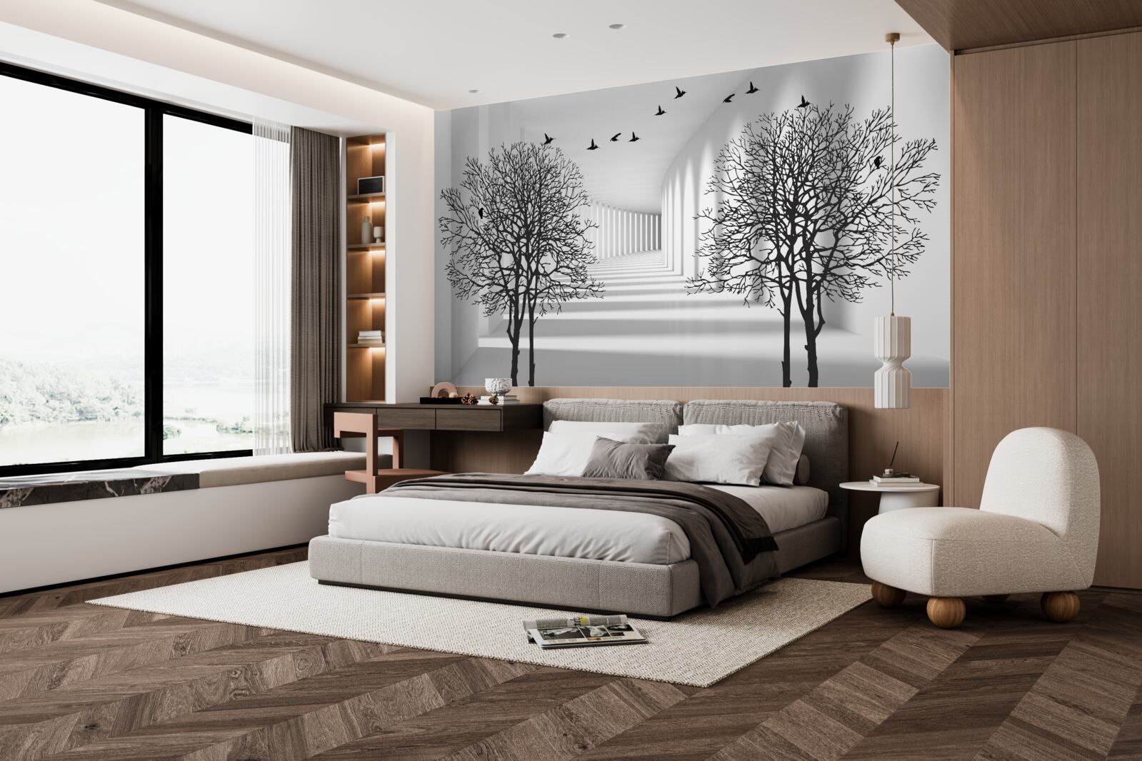 Fotobehang vogels die naar het zuiden vliegen en kale bomen in de herfst