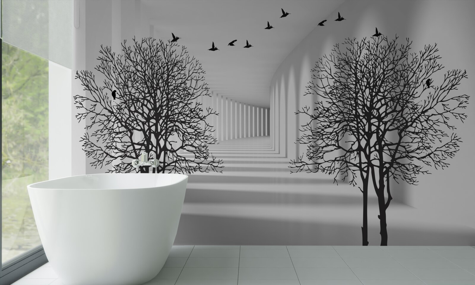 Fotobehang vogels die naar het zuiden vliegen en kale bomen in de herfst