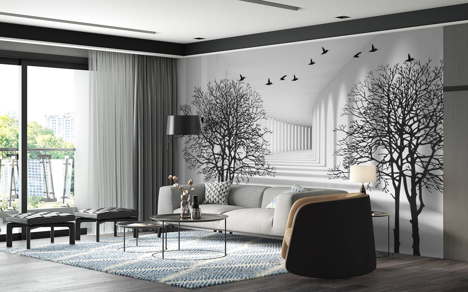 Fotobehang vogels die naar het zuiden vliegen en kale bomen in de herfst