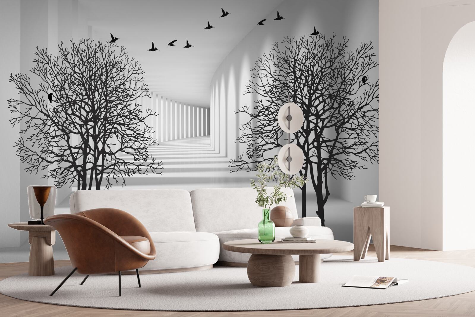 Fotobehang vogels die naar het zuiden vliegen en kale bomen in de herfst