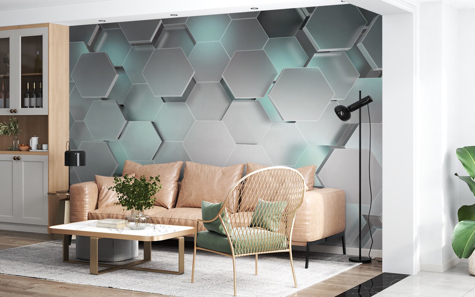 Fotobehang lichtgevende zeshoeken die in de lucht zweven