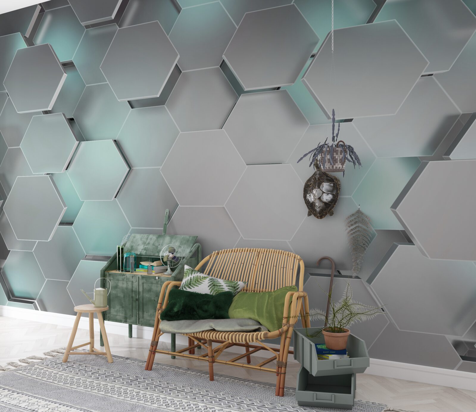 Fotobehang lichtgevende zeshoeken die in de lucht zweven