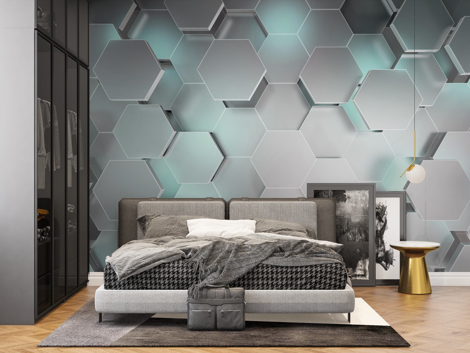 Fotobehang lichtgevende zeshoeken die in de lucht zweven