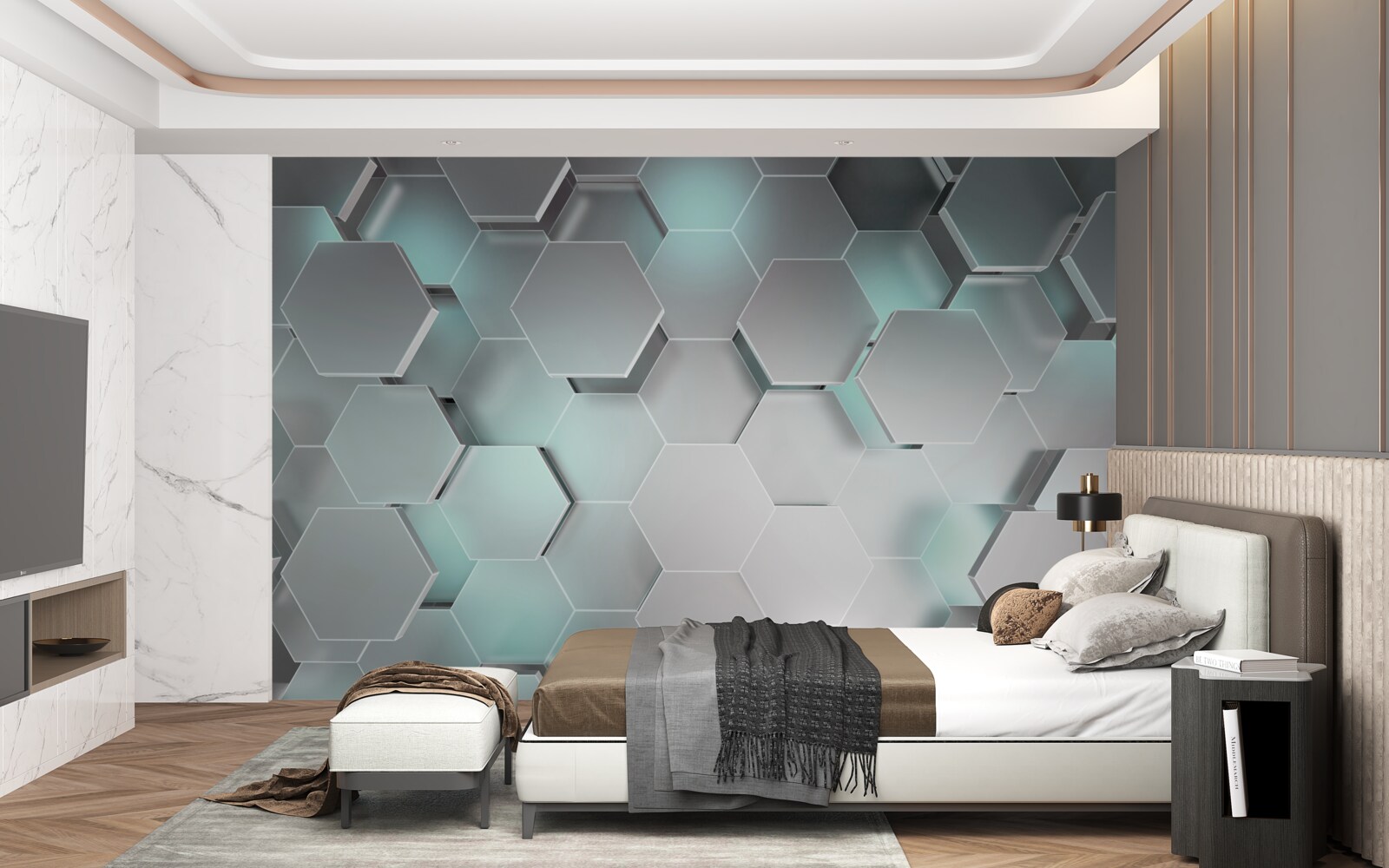 Fotobehang lichtgevende zeshoeken die in de lucht zweven