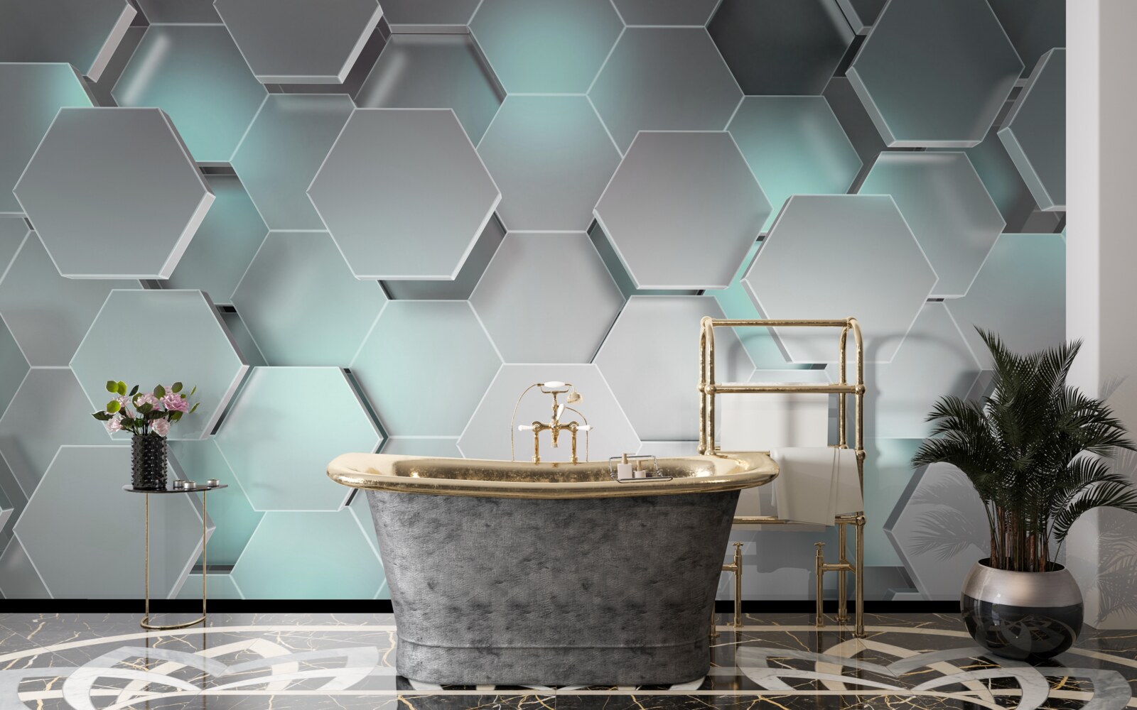 Fotobehang lichtgevende zeshoeken die in de lucht zweven