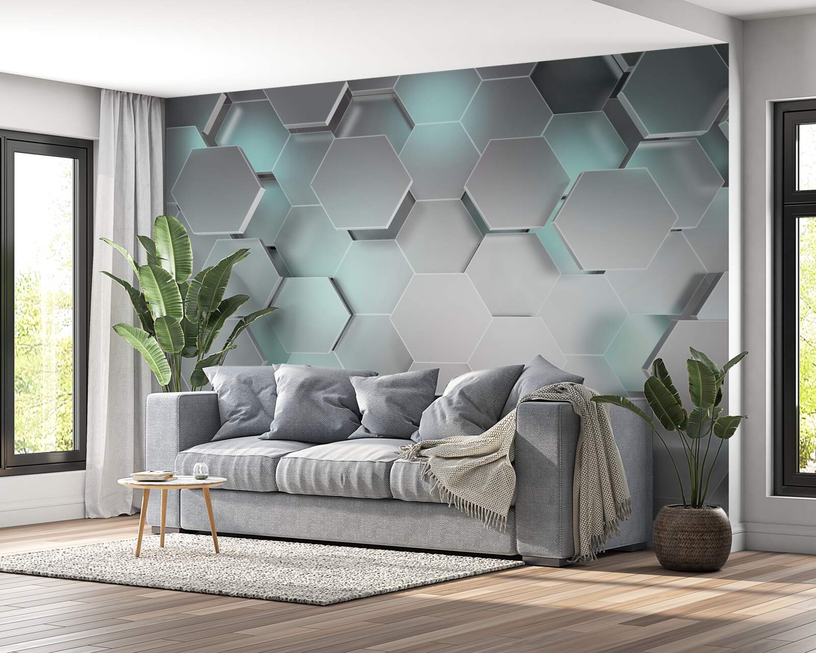 Fotobehang lichtgevende zeshoeken die in de lucht zweven