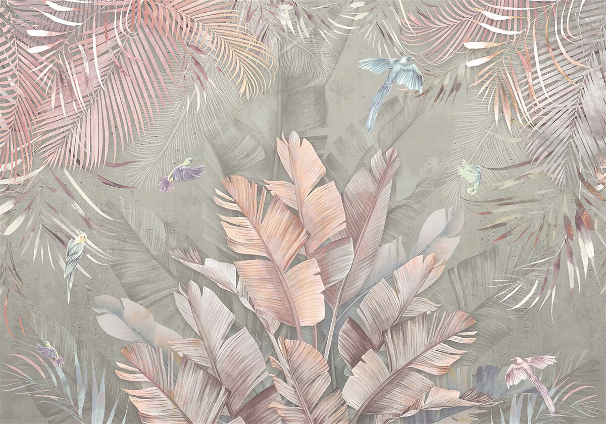 Fotobehang tropische planten met een delicate roze tint