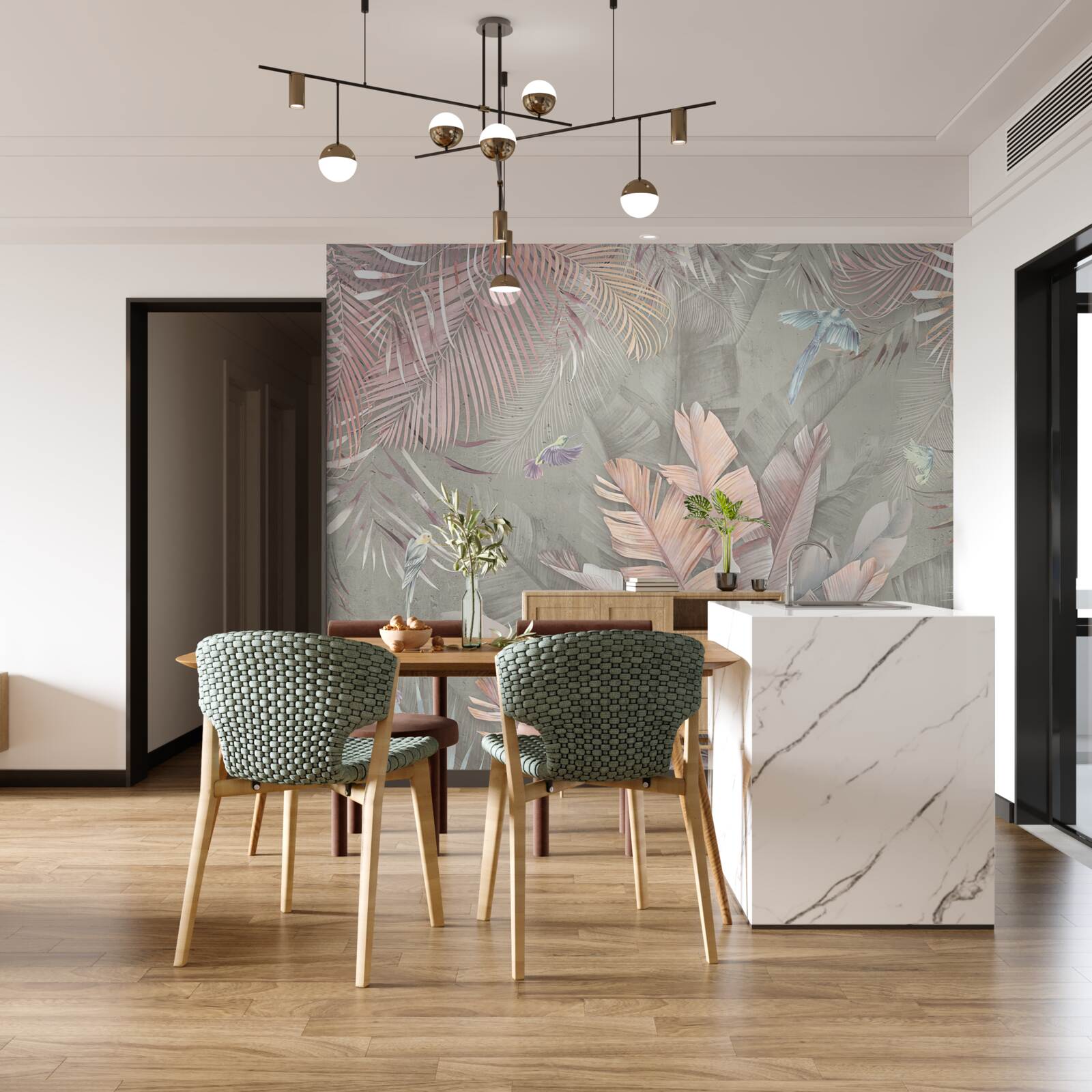 Fotobehang tropische planten met een delicate roze tint