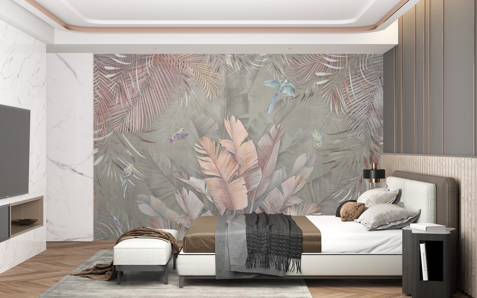 Fotobehang tropische planten met een delicate roze tint