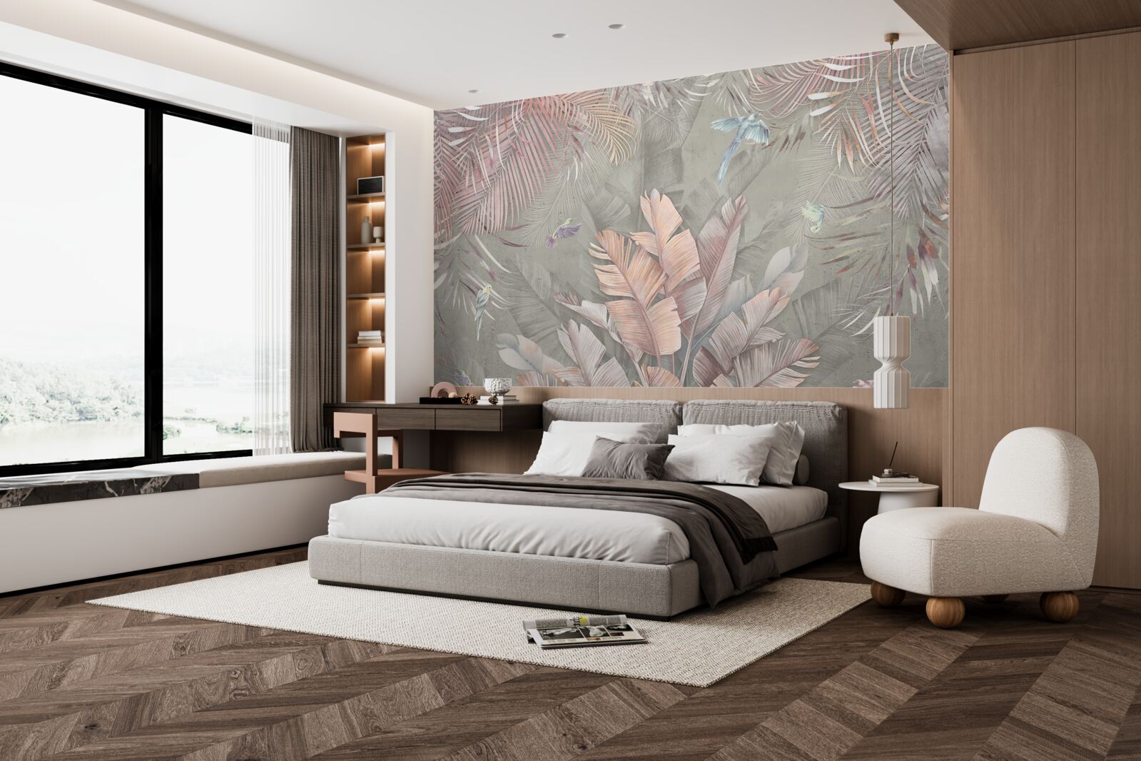 Fotobehang tropische planten met een delicate roze tint