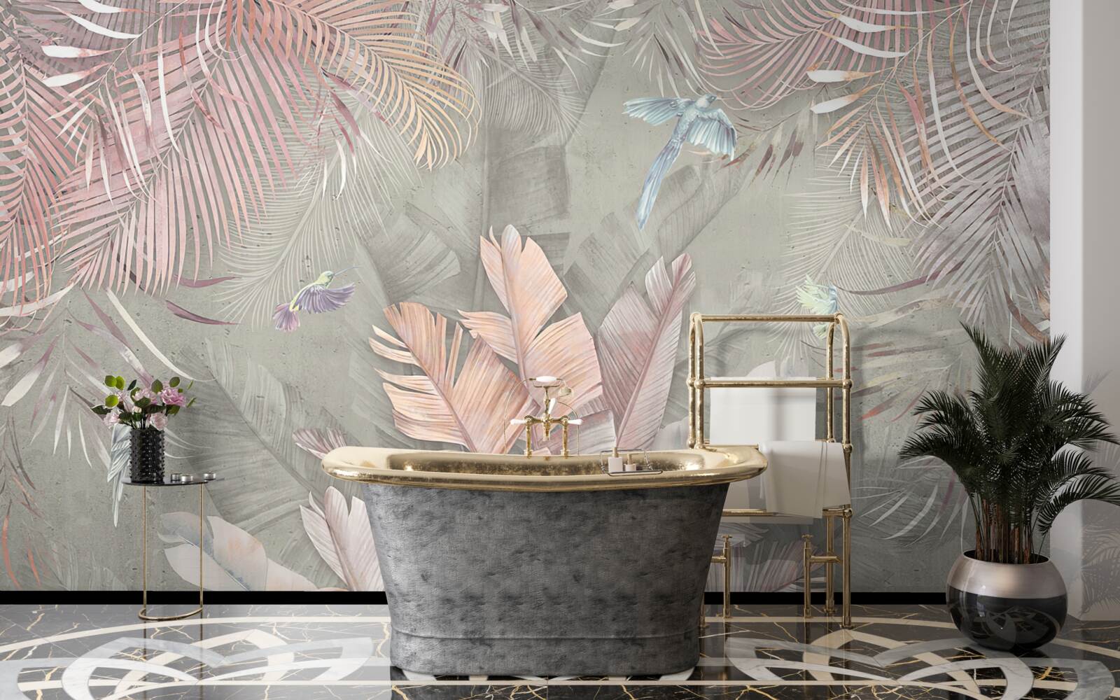 Fotobehang tropische planten met een delicate roze tint