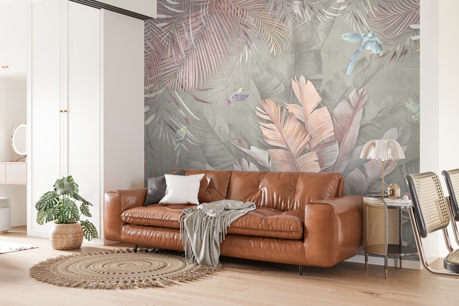 Fotobehang tropische planten met een delicate roze tint