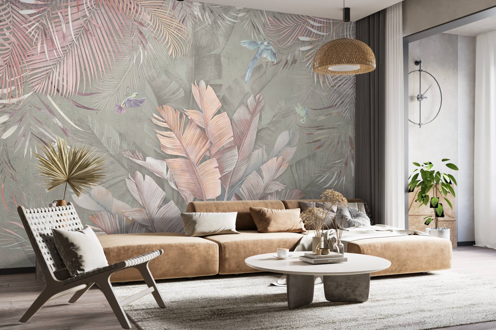 Fotobehang tropische planten met een delicate roze tint